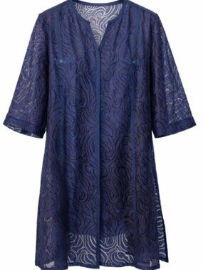 Windsmoor Indigo Duster Coat Sheer Floral Overlay Jacket Size 20